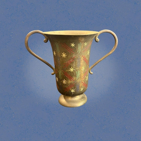 Vintage 1960s Indian Brass Trophy Vase with Atomic Starburst Enamel Design - MCM Two-Handle Urn