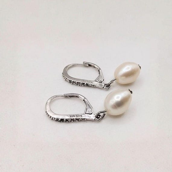 Sterling Silver Freshwater Pearl Leverback Earrings with CZ Accents