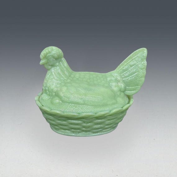Jadeite green glass hen on nest covered dish, 6 3/8"