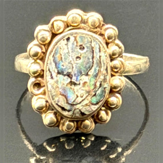 Vintage 925 Sterling Silver Abalone Shell Oval Cabochon Beaded Halo Cocktail Ring Size 8