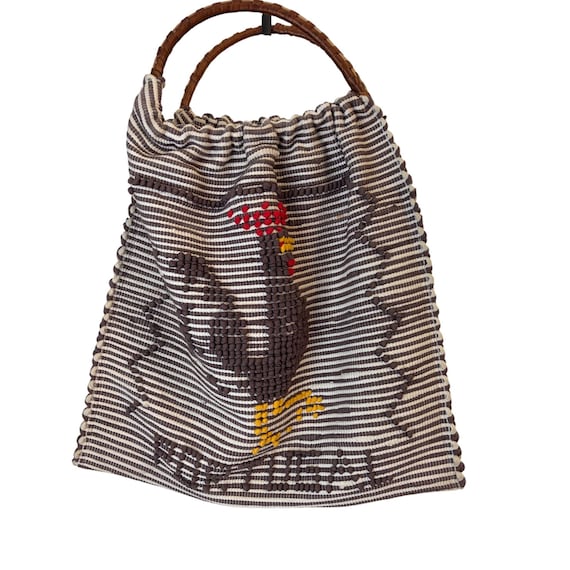 Vintage 1950s-1970s Portuguese Handwoven Folk Art Tote Bamboo Handles