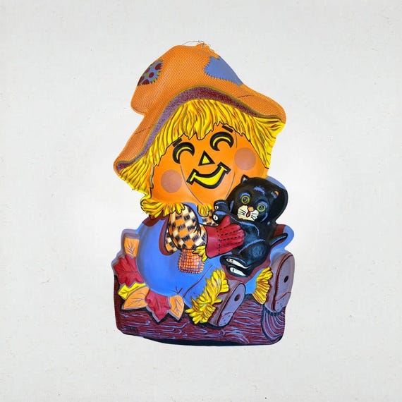 Vintage Halloween Jack O Lantern Scarecrow Vacuform 3D Molded Plastic Wall Decoration