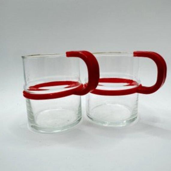Vintage MCM 1950-1960 Glass Mugs Red Plastic Handles Set of 2