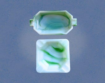 Lot of 2 Akro Agate Green White Marbled Slag Glass Ashtrays Art Deco 1930s–40s Square & Rectangular