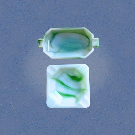 Lot of 2 Akro Agate Green White Marbled Slag Glass Ashtrays Art Deco 1930s–40s Square & Rectangular