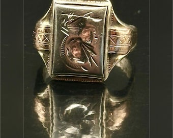 Vintage 10K Gold Top Steel Western Cowboy Signet Mid Century Mens Americana