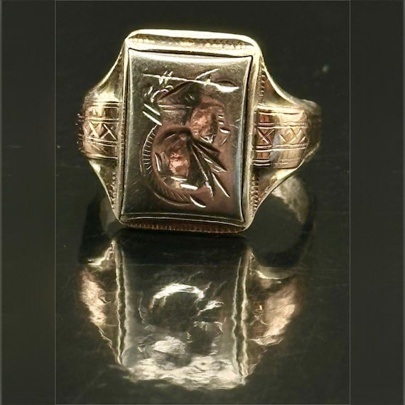 Vintage 10K Gold Top Steel Western Cowboy Signet Mid Century Mens Americana