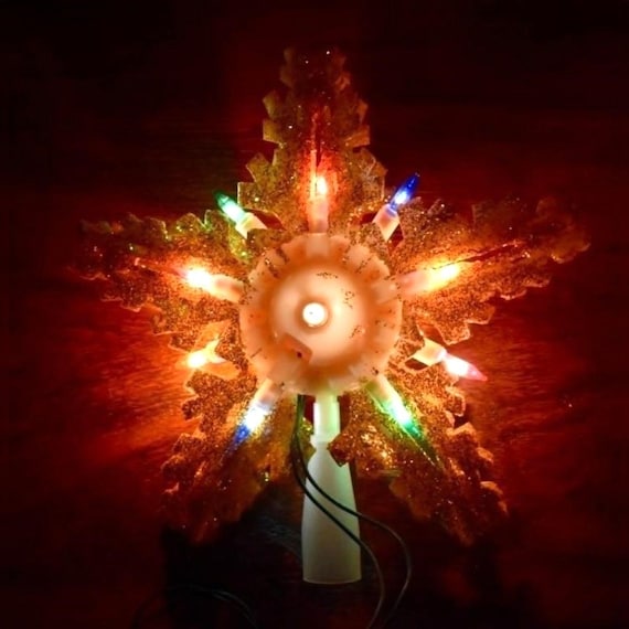 Vintage MCM Lighted Gold Glitter Star Tree Topper Multicolor Lights
