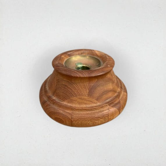 Vintage Dansk Staved Teak Candle Holder with Brass Insert