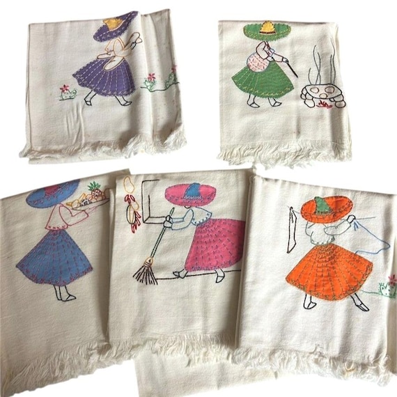 Vintage Hand Embroidered Señorita Kitchen Towels Set of 5