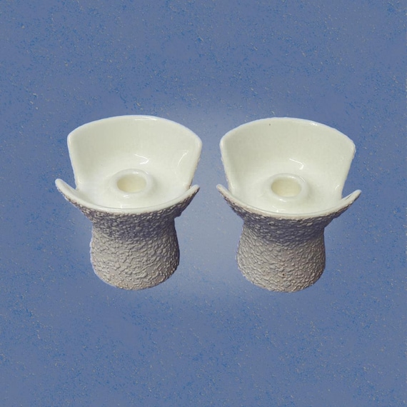 Vintage Royal Haeger R1775-S Candleholders Pair - MCM White & Gray Textured Ceramic