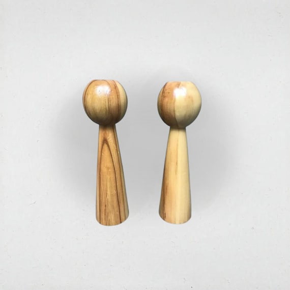 Vintage MCM Turned Wood Candlestick Holders Pair - Scandinavian Modern Style