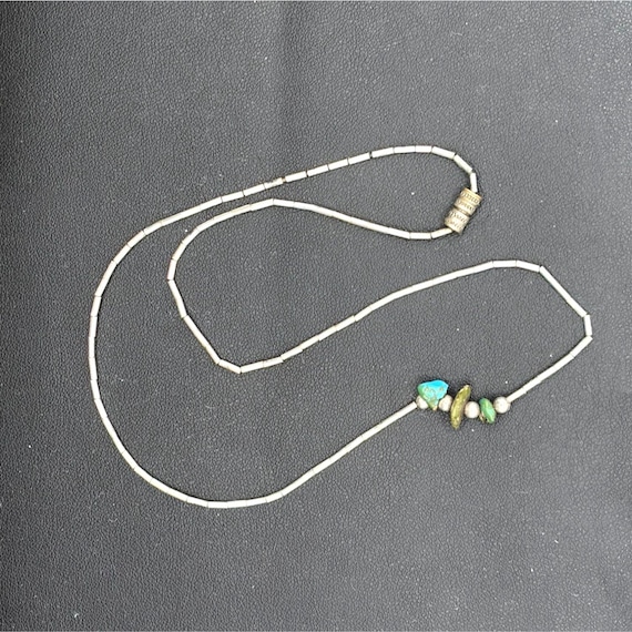 Native American Liquid Silver Heishi Necklace Turquoise & Shell Nugget Center Beads
