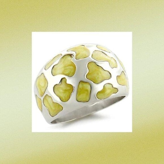 925 Sterling Silver Yellow Epoxy Abstract Pattern Dome Ring Size 10