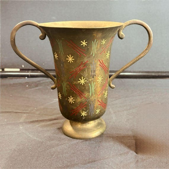 Vintage 1960s Indian Brass Trophy Vase with Atomic Starburst Enamel Design - MCM Two-Handle Urn