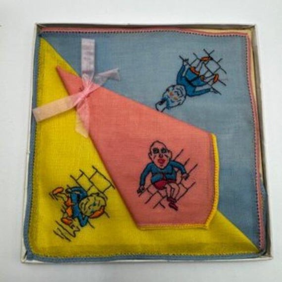 Vintage Kiddies Kerchiefs Humpty Dumpty Embroidered Handkerchief Set