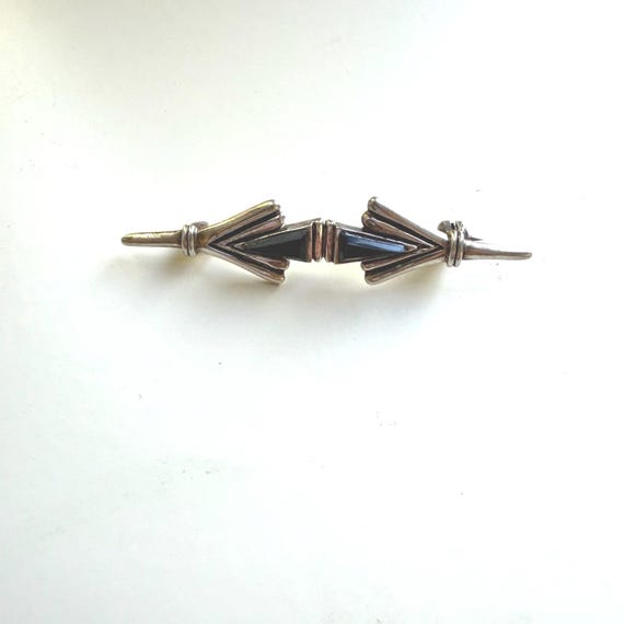Sterling Silver 925 Black Stone Double Arrow Brooch Art Deco