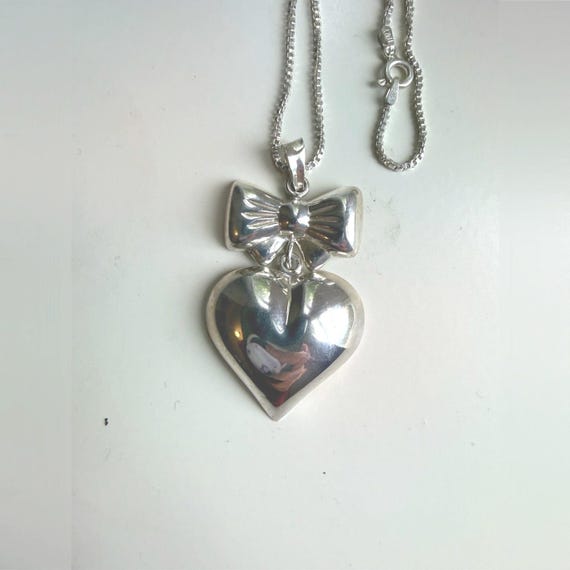 Sterling Silver 925 Puffy Heart and Bow Pendant Necklace Italy Box Chain