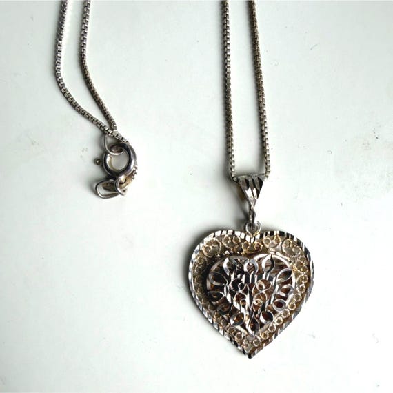 Sterling Silver Filigree Heart Pendant Necklace 925 Italy Box Chain