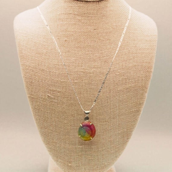 Sterling Silver 925 Figaro Chain Necklace with Rainbow Solar Quartz Pendant