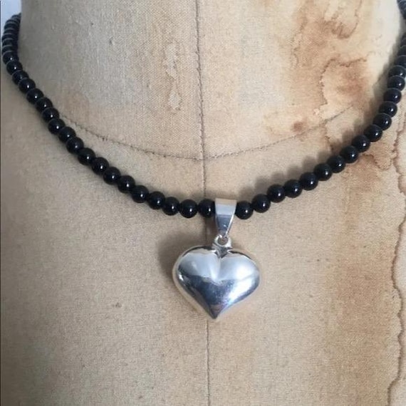 Vintage Black Beaded Necklace with Silver Heart Pendant
