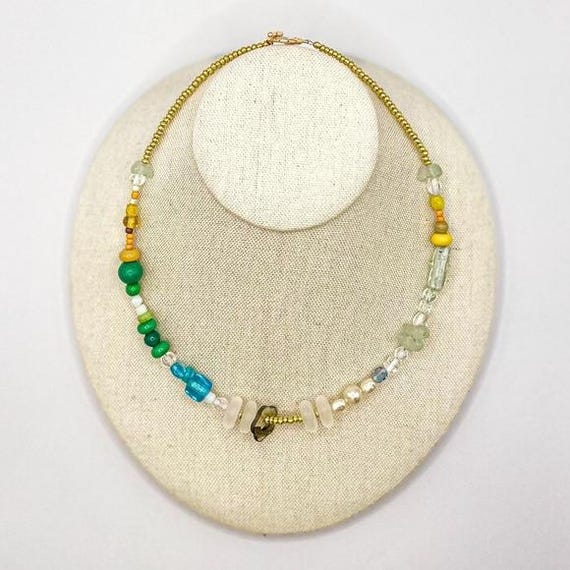Handmade Gold Bead Necklace with Mixed Gemstone Beads & Charm Detail