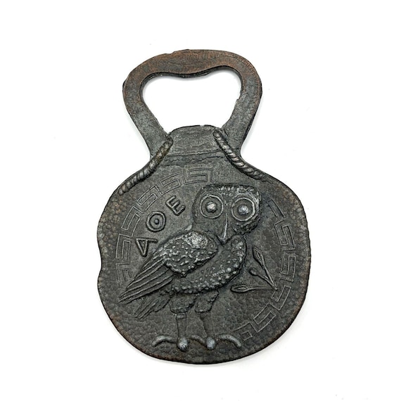 Vintage Cast Brass Greek Souvenir Bottle Opener Athena Warrior and Owl of Athena