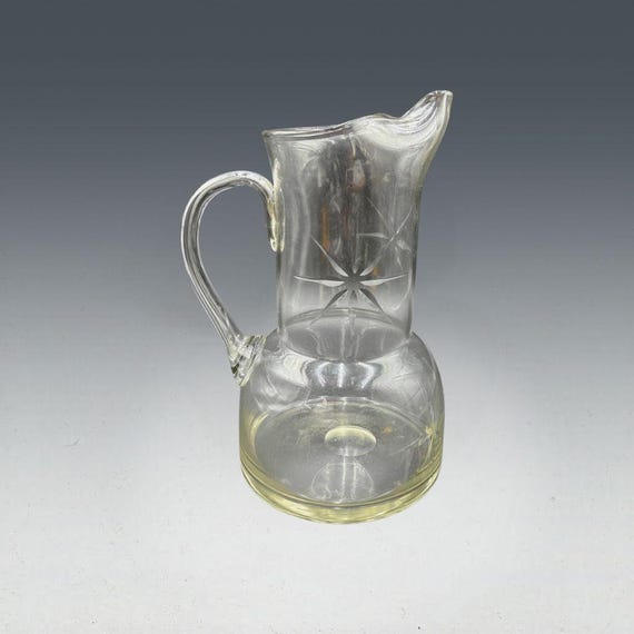 Vintage Fostoria Sunburst Etched Glass Pitcher Bethlehem Star Atomic Star Pattern 1930s-1950s