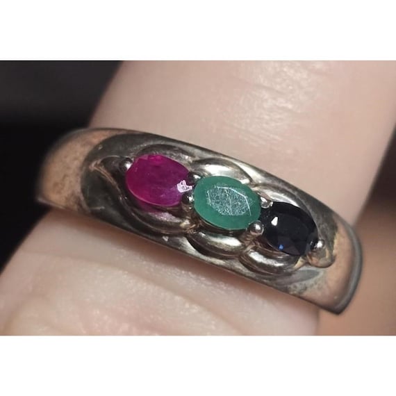 Sterling Silver Three Stone Ring Ruby Emerald Sapphire Size 7