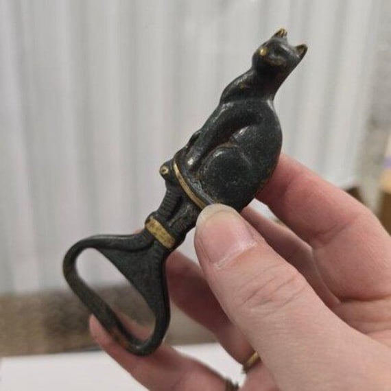 Vintage Mid Century Brass Cat Bottle Opener Verdigris Finish MCM Barware