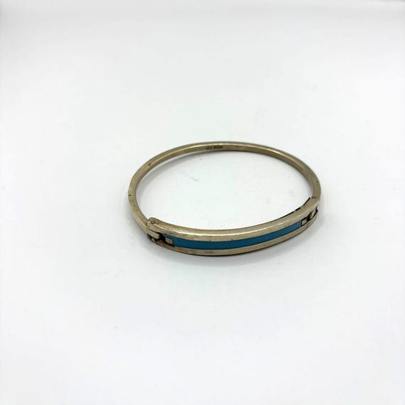 Vintage Mexican Sterling Silver Turquoise Inlay Hinged Bangle Bracelet