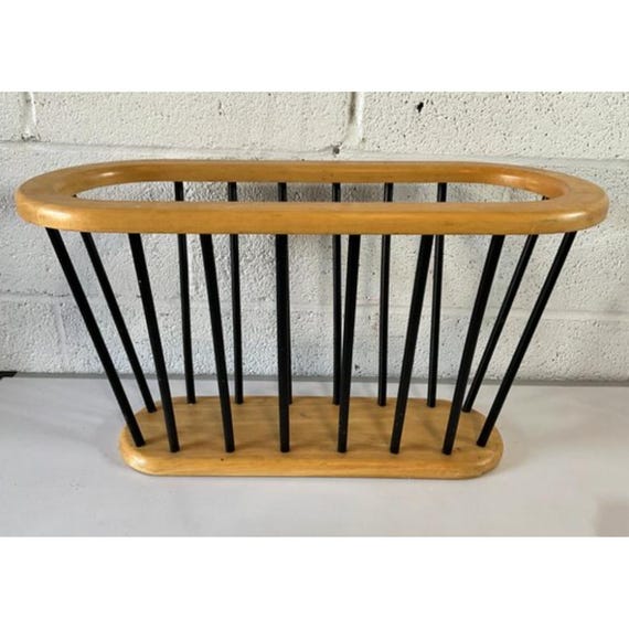 Mid-Century Modern Magazine Rack Wood Black Spindle Arthur Umanoff Style Retro