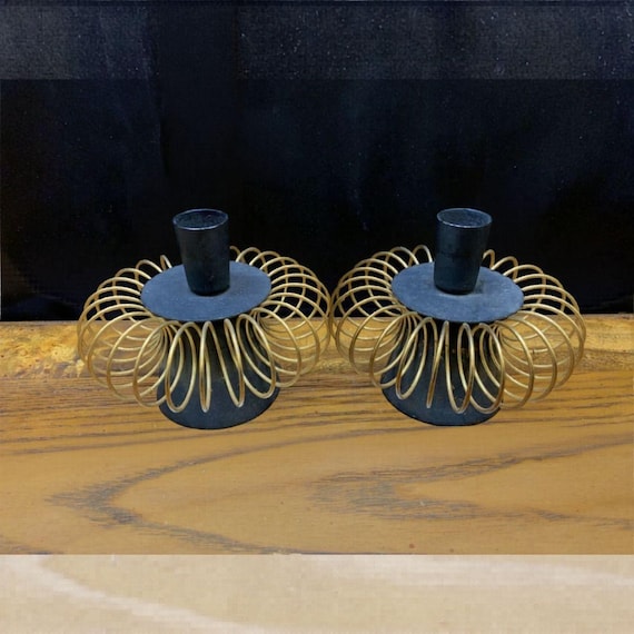 Vintage MCM Brass Spiral Wire Candlestick Holders Pair