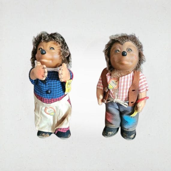 Vintage Steiff Micki and Mecki Hedgehog Couple Plush Figures Made in Germany 1950s