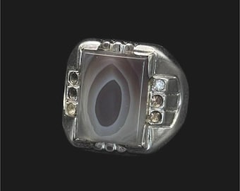 Vintage Sterling Silver Men's Banded Agate Cocktail Ring Size 9