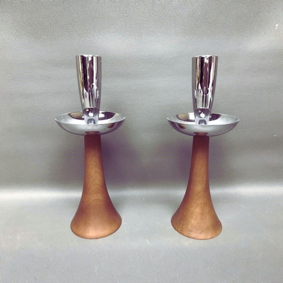 Vintage MCM Teak Chrome Candlestick Holders Pair