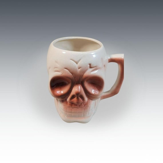 Vintage Ceramic Skull Mug Brown Pink Airbrush Glaze Halloween Gothic Decor