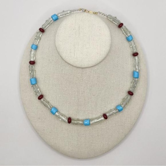 Unique Handmade Blue and Red Beaded Necklace