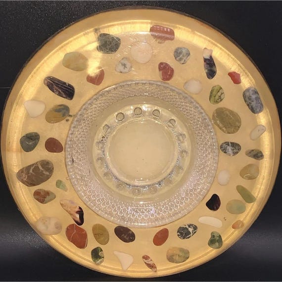 Vintage Lucite Embedded Stone Mid Century Modern Hand Crafted Acrylic Pebble Ashtray