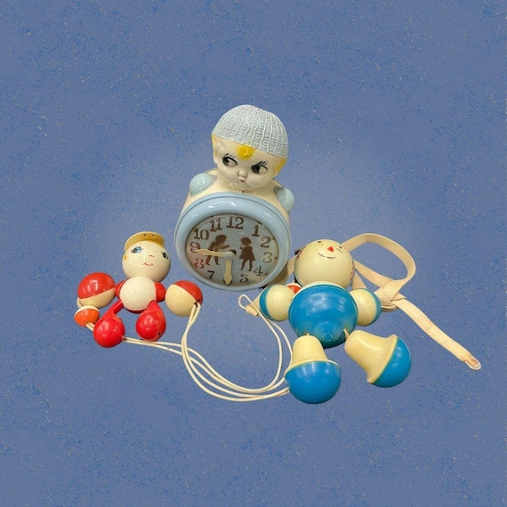 Vintage Mid Century Plastic Baby Crib Toy Pair and Clock