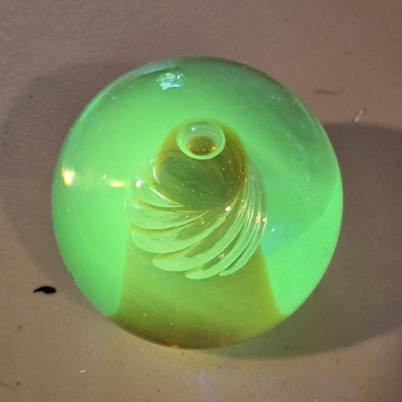 Vintage Art Glass Paperweight Amber Swirl Uranium Glass UV Glow
