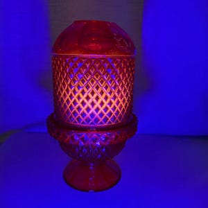 Vintage Viking Glass Ruby Red UV Glow Diamond Point Fairy Lamp
