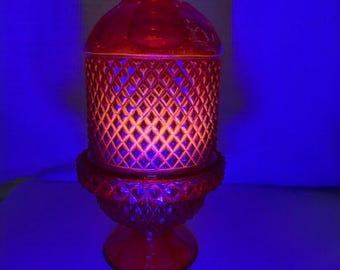 Vintage Viking Glass Ruby Red UV Glow Diamond Point Fairy Lamp