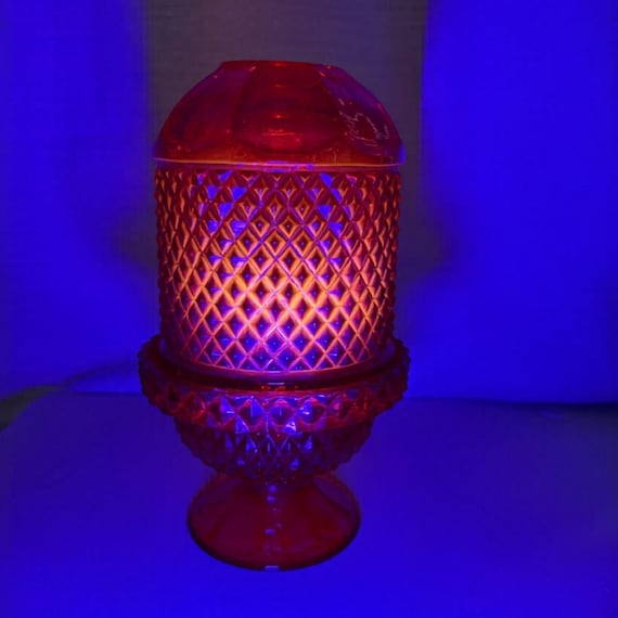 Vintage Viking Glass Ruby Red UV Glow Diamond Point Fairy Lamp