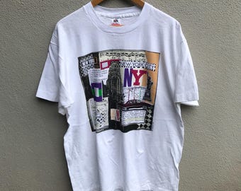 Camiseta vintage de los años 90 con arte de la ciudad de Nueva York / historia de los rascacielos / arte gráfico / grande