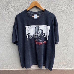 May include: Black t-shirt with a graphic of the Simpsons family and the word "Simpsons" in red. The design is set against a white rectangular background. The shirt is hanging on a wooden hanger.