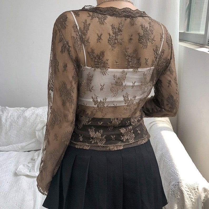 Y2K Long Sleeve V Neck Mesh Crop Top Y2K Shirt Dark Academia - Etsy Canada