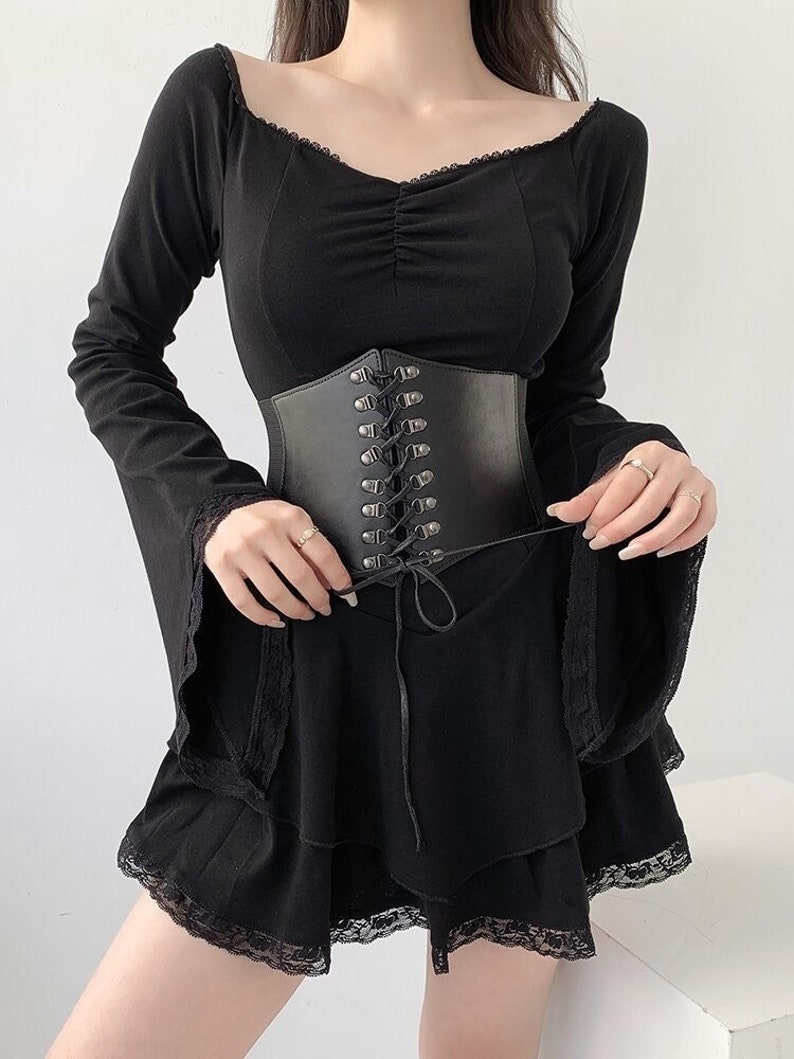 Black V Neck Lace Long Flare Sleeve Pleated Corset Mini Dress - Etsy