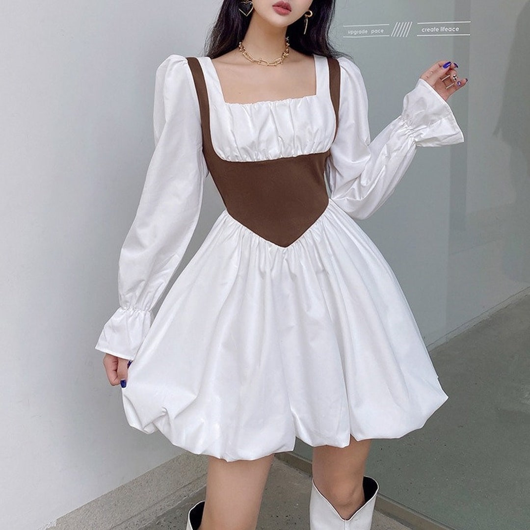 Pleated Long Puff Sleeve Aesthetic White Dress Academia - Etsy