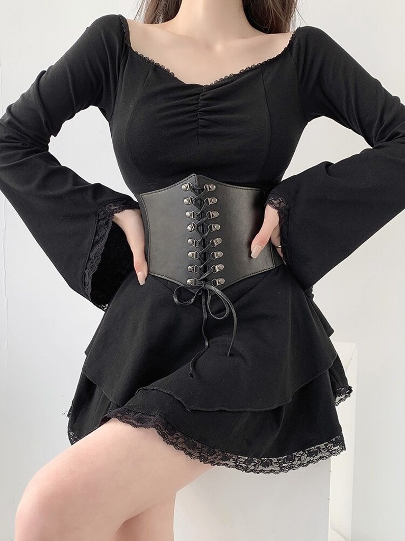 Black V Neck Lace Long Flare Sleeve Pleated Corset Mini Dress - Etsy